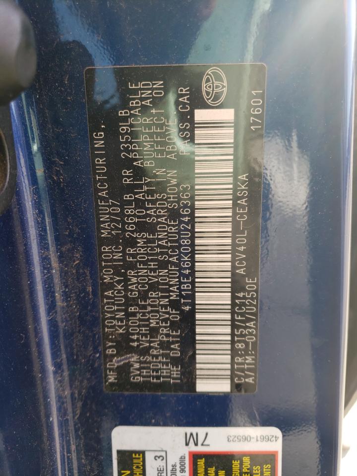 Photo 10 from auction – 2008 TOYOTA CAMRY CE with VIN 4T1BE46K08U246363