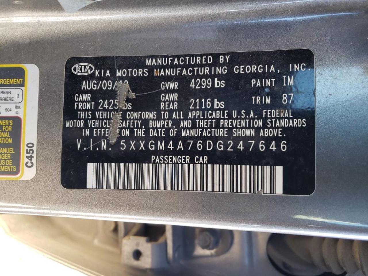 Photo 10 from auction – 2013 KIA OPTIMA LX with VIN 5XXGM4A76DG247646