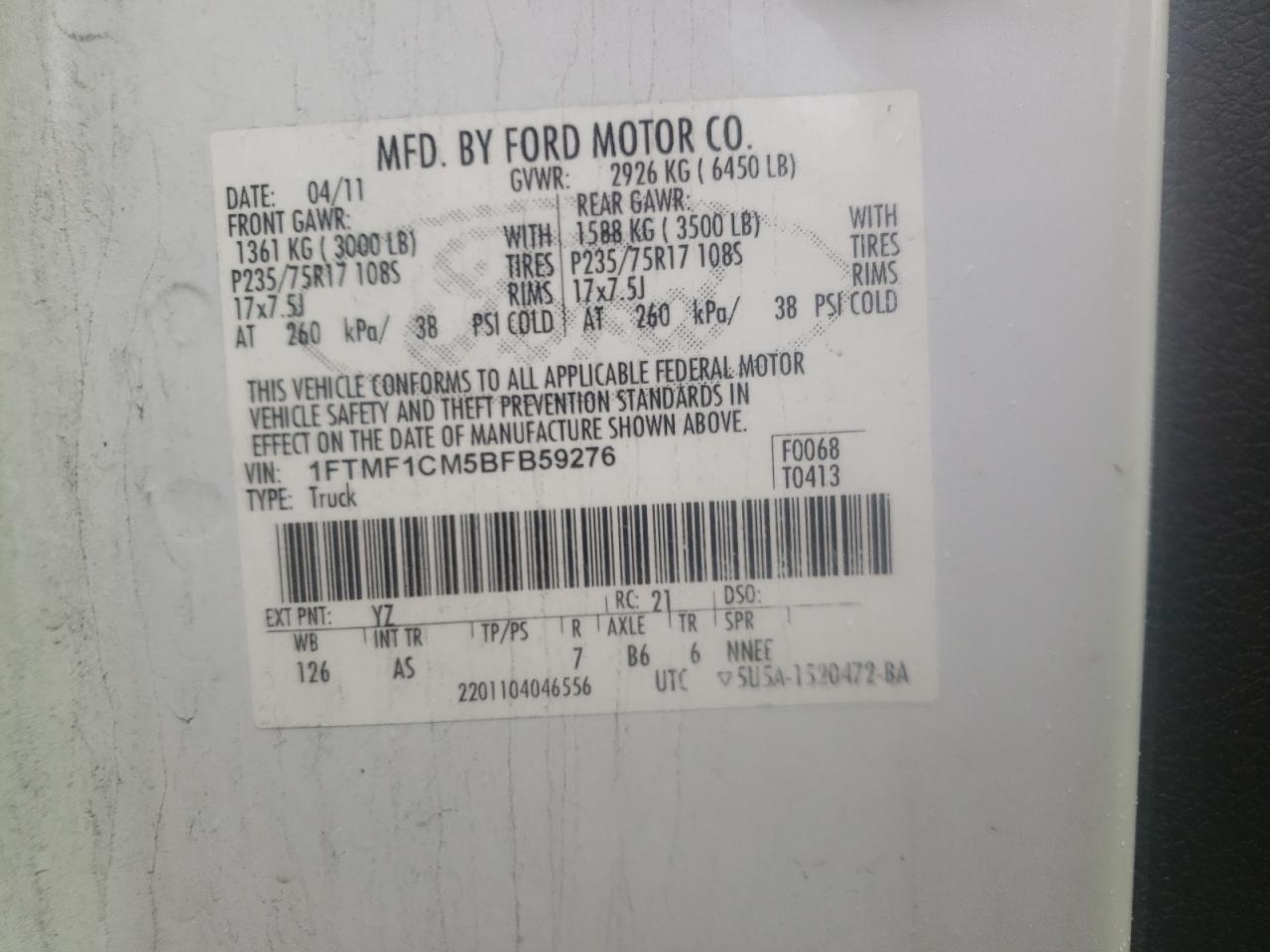 Photo 10 from auction – 2011 FORD F150 with VIN 1FTMF1CM5BFB59276