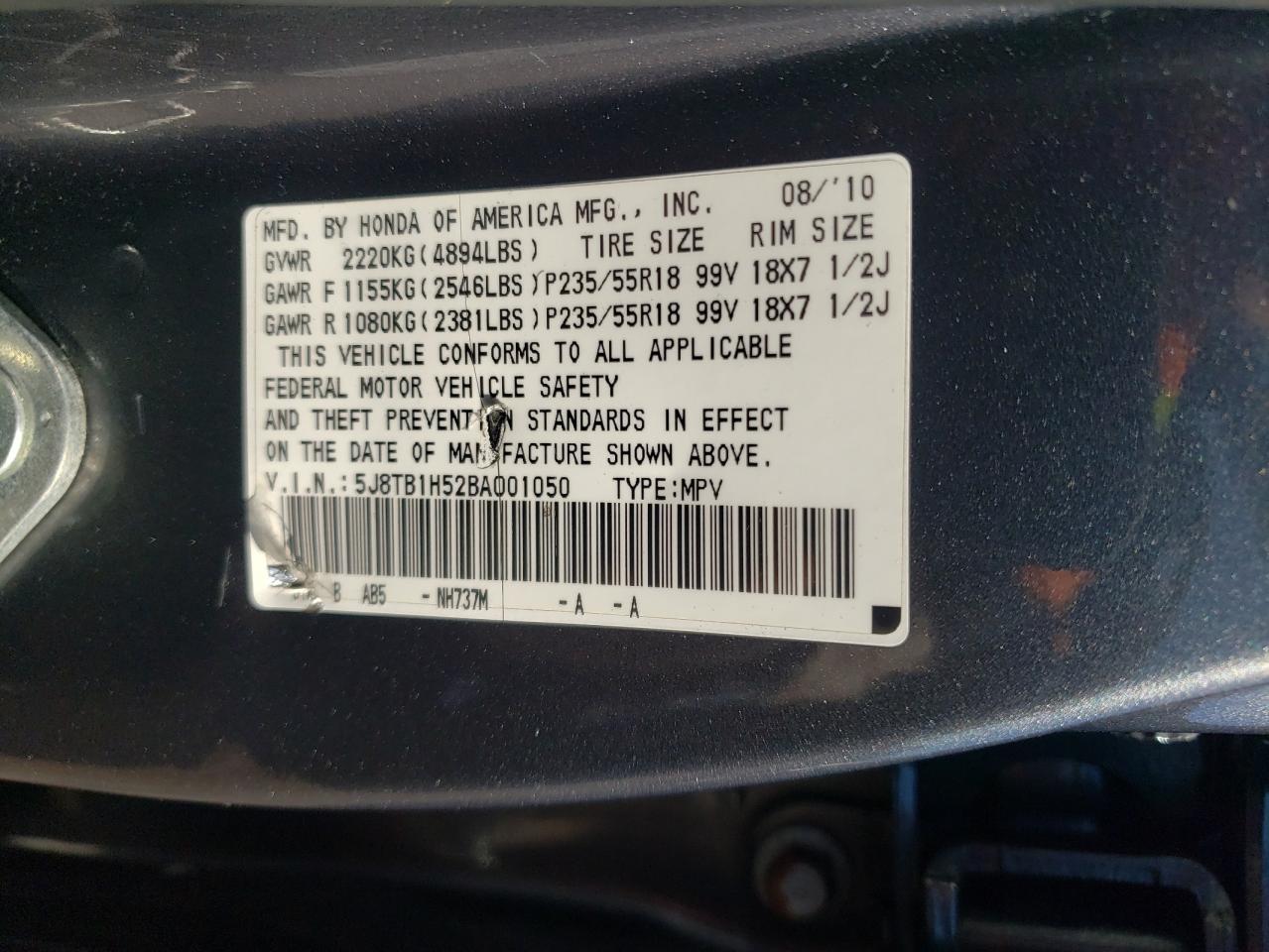 Photo 10 from auction – 2011 ACURA RDX TECHNO with VIN 5J8TB1H52BA001050