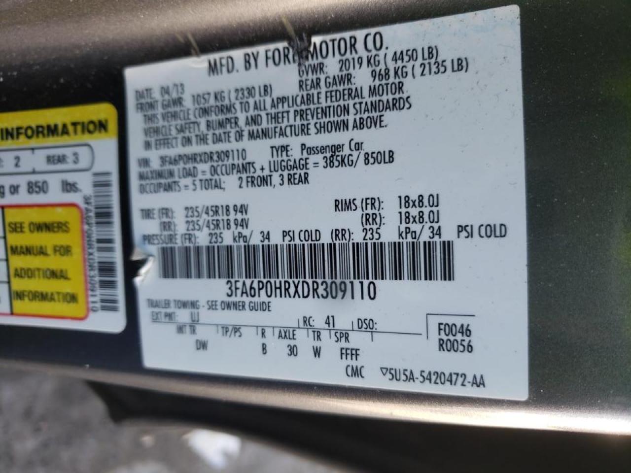 Photo 20 from auction – 2013 FORD FUSION SE with VIN 3FA6P0HRXDR309110
