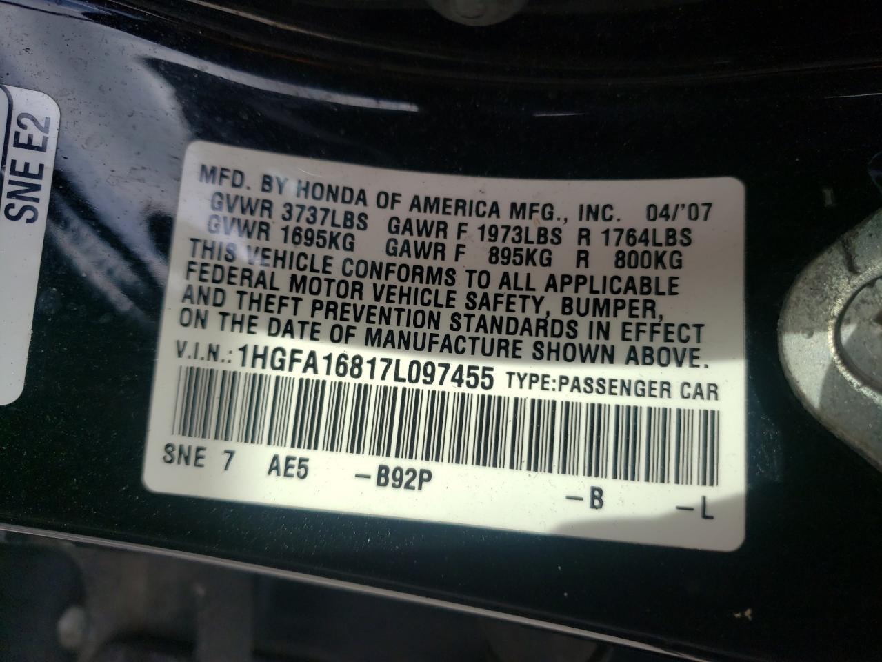 Photo 10 from auction – 2007 HONDA CIVIC EX with VIN 1HGFA16817L097455