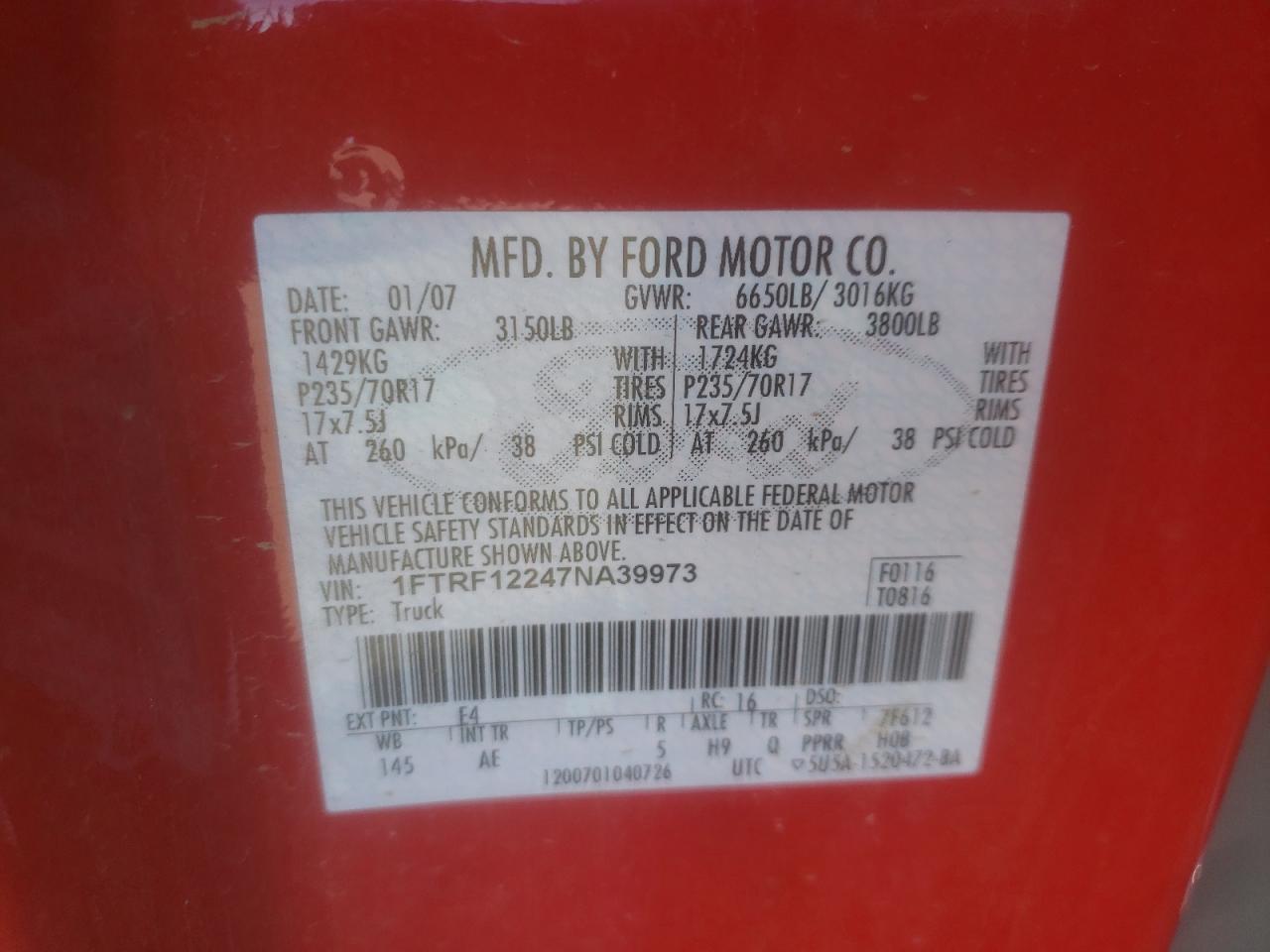 Photo 10 from auction – 2007 FORD F150 with VIN 1FTRF12247NA39973