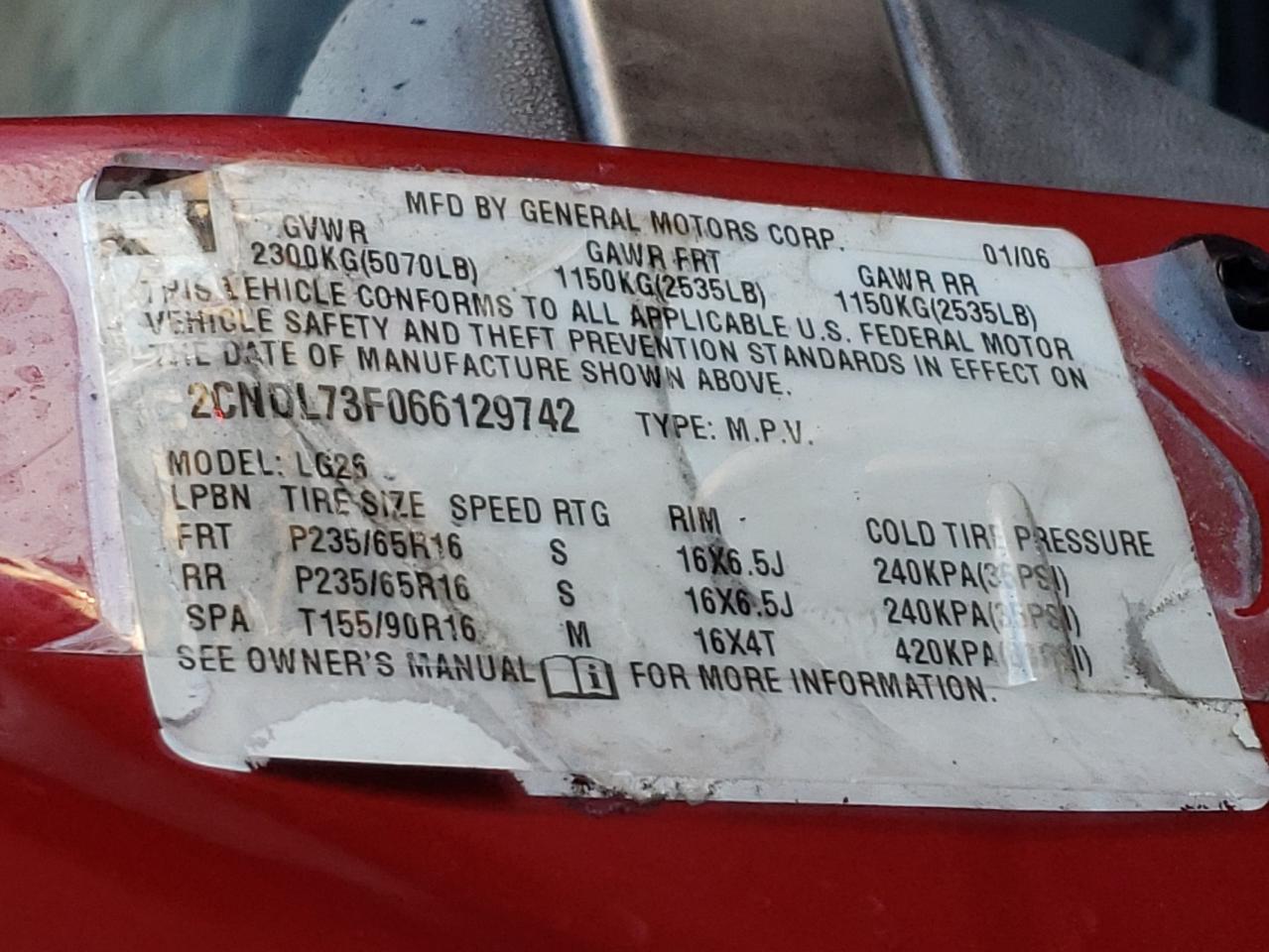 Photo 10 from auction – 2006 CHEVROLET EQUINOX LT with VIN 2CNDL73F066129742