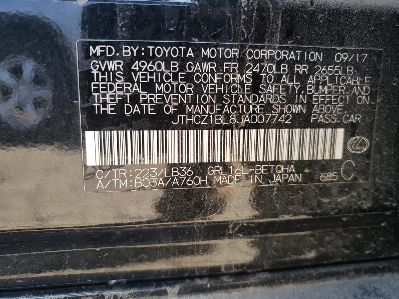 Photo 10 from auction – 2018 LEXUS GS 350 BAS with VIN JTHCZ1BL8JA007742