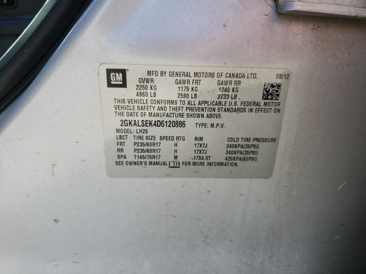 Photo 10 from auction – 2013 GMC TERRAIN SL with VIN 2GKALSEK4D6120886