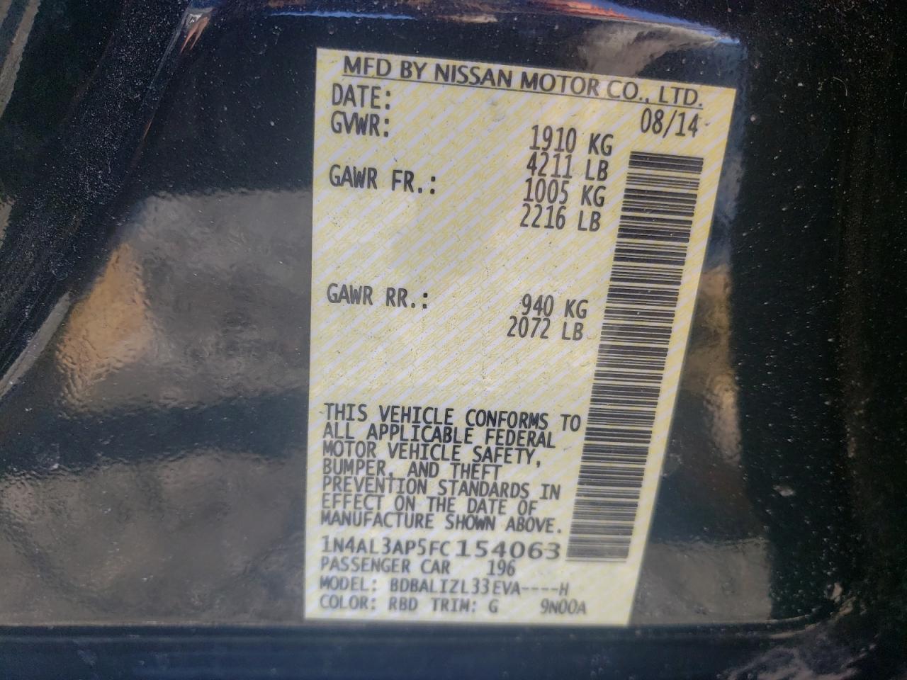 Photo 10 from auction – 2015 NISSAN ALTIMA 2.5 with VIN 1N4AL3AP5FC154063