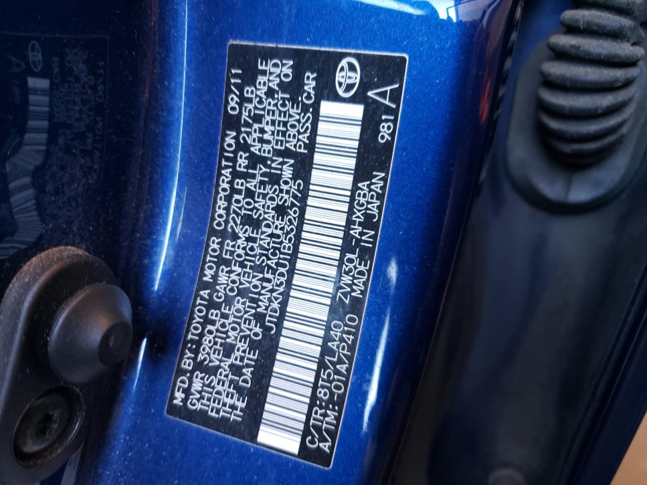 Photo 10 from auction – 2011 TOYOTA PRIUS with VIN JTDKN3DU1B5326775