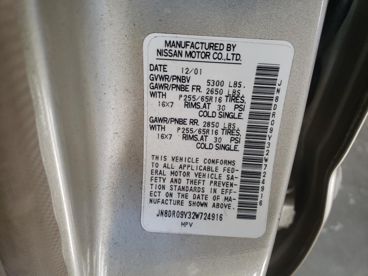 Photo 10 from auction – 2002 NISSAN PATHFINDER with VIN JN8DR09Y32W724916