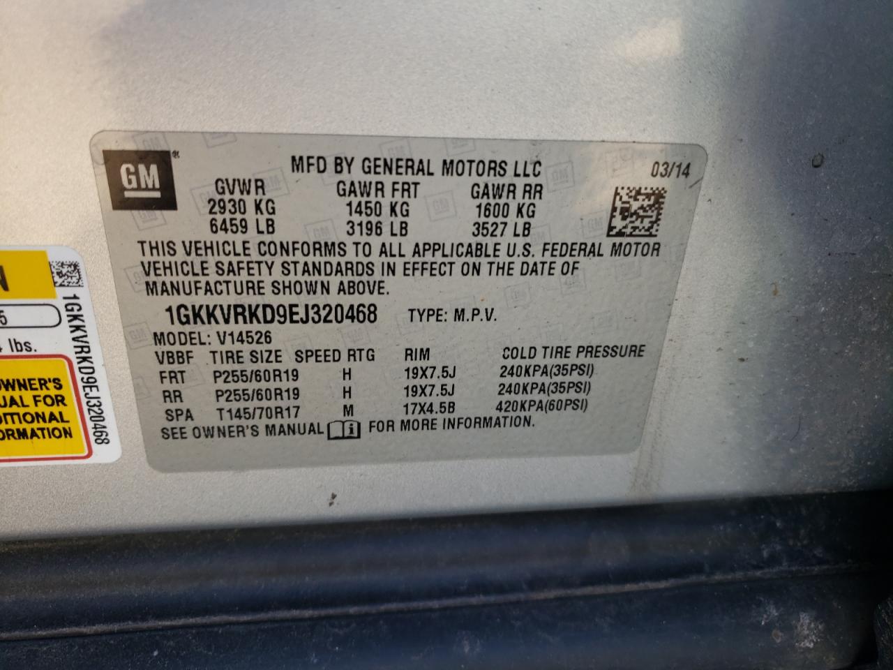 Photo 10 from auction – 2014 GMC ACADIA SLT with VIN 1GKKVRKD9EJ320468