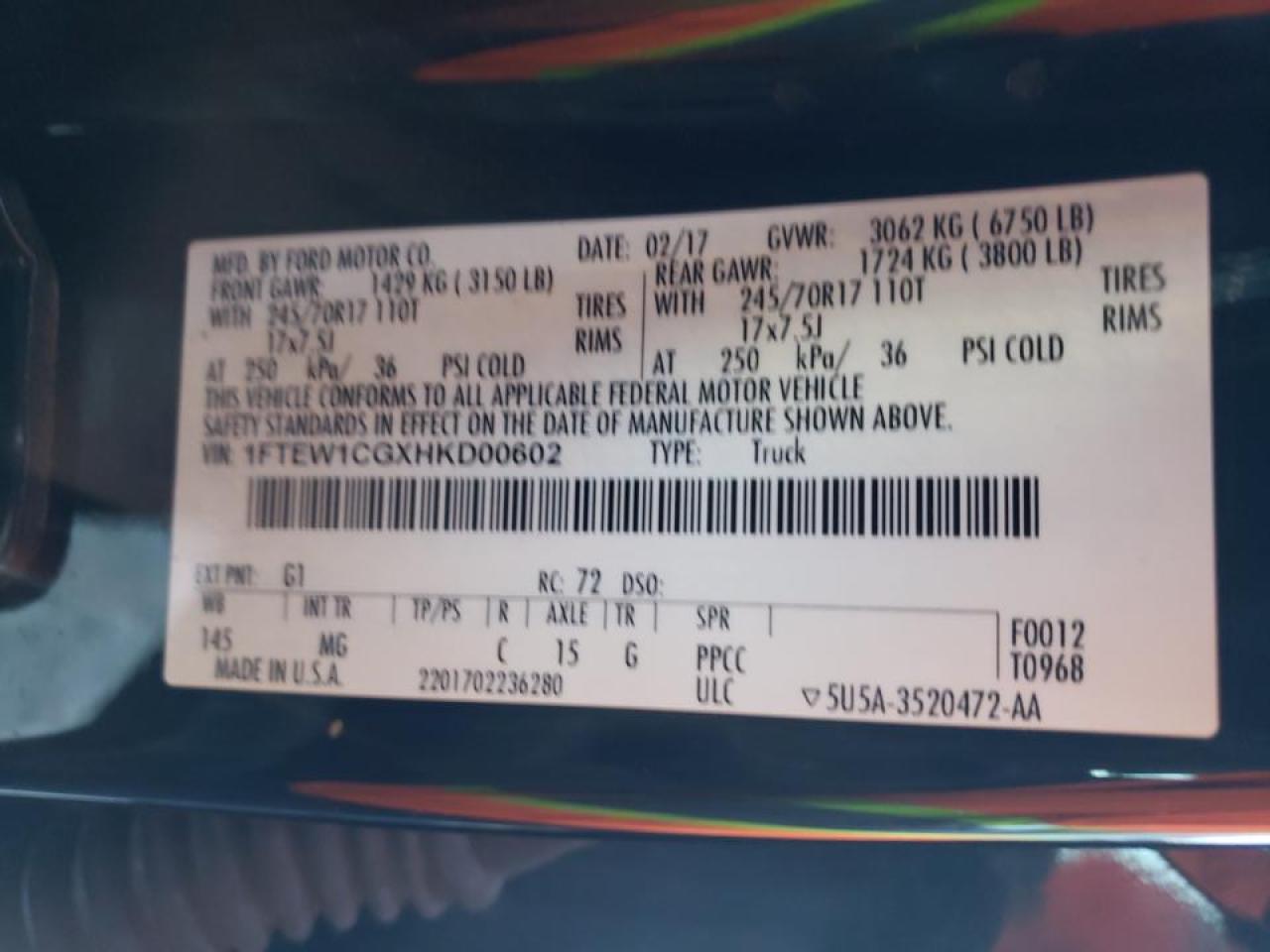 Photo 10 from auction – 2017 FORD F150 SUPER with VIN 1FTEW1CGXHKD00602