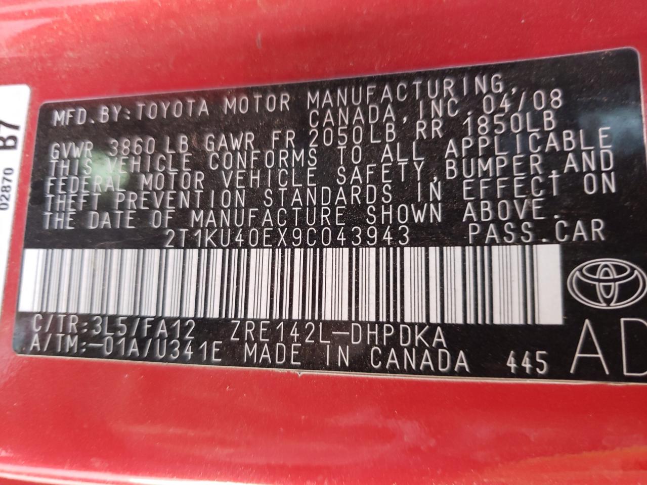 Photo 10 from auction – 2009 TOYOTA COROLLA MA with VIN 2T1KU40EX9C043943