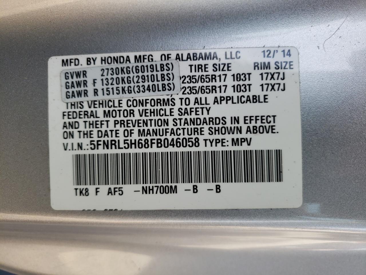 Photo 10 from auction – 2015 HONDA ODYSSEY EX with VIN 5FNRL5H68FB046058