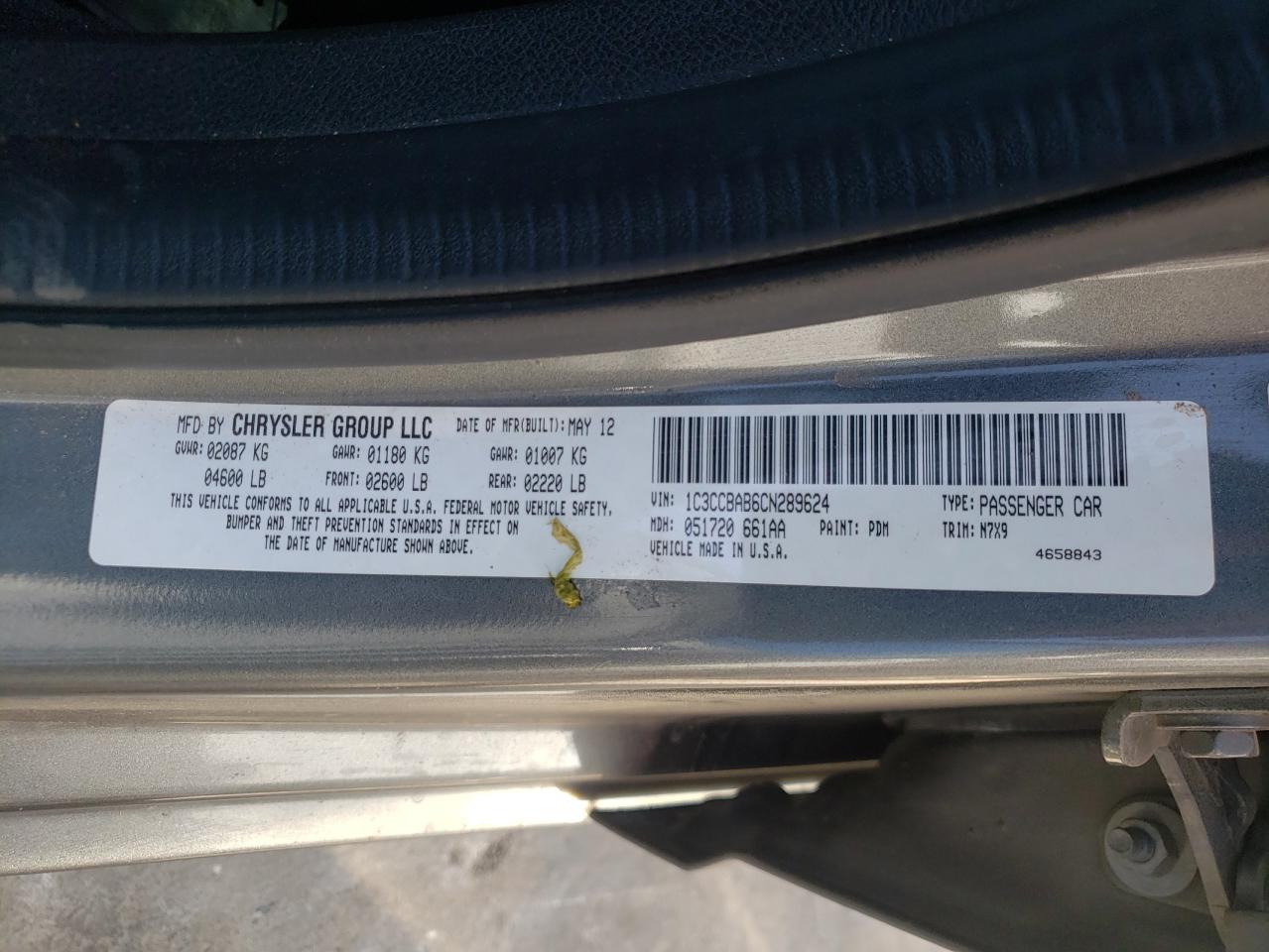 Photo 10 from auction – 2012 CHRYSLER 200 LX with VIN 1C3CCBAB6CN289624