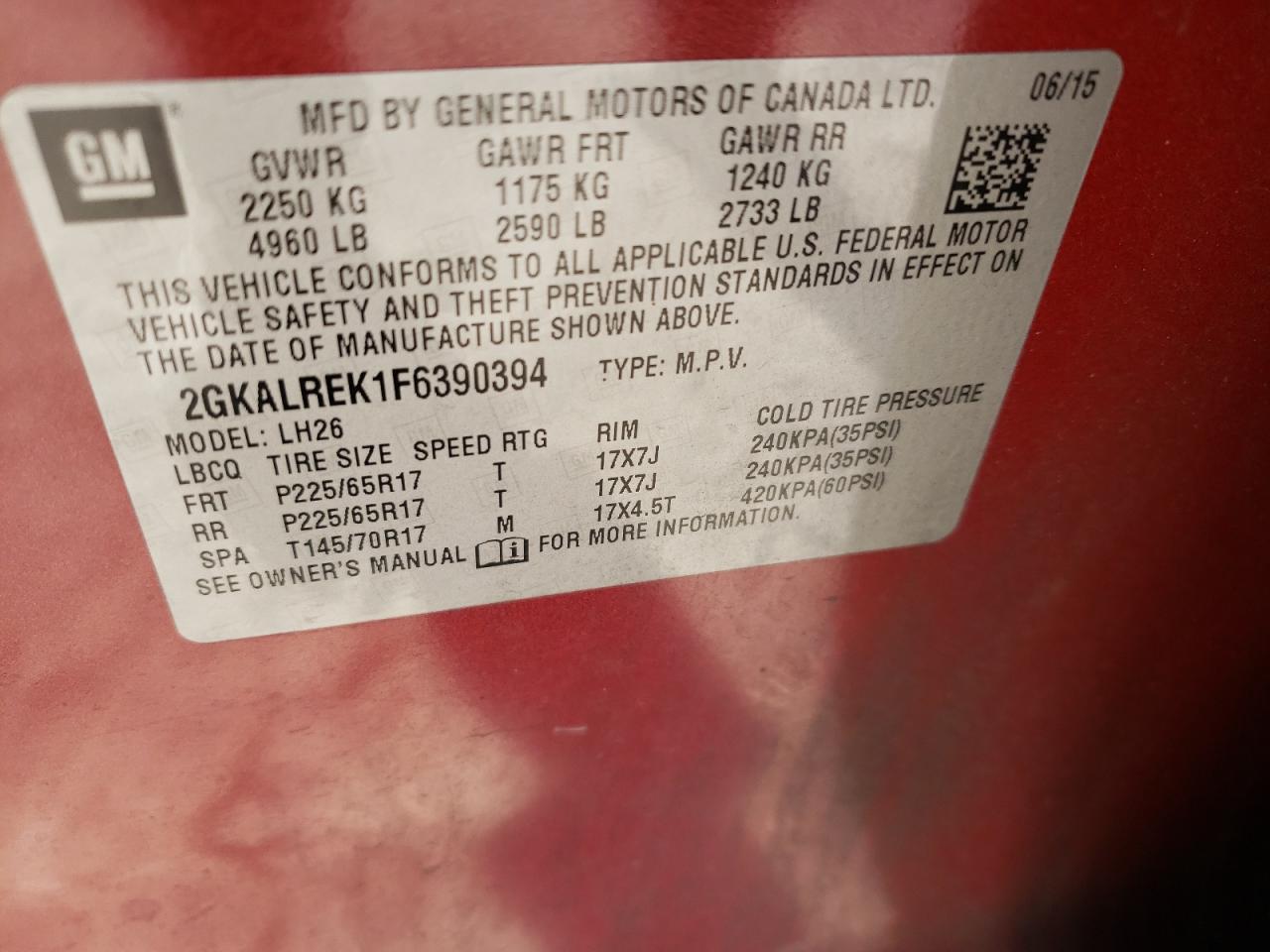 Photo 10 from auction – 2015 GMC TERRAIN SL with VIN 2GKALREK1F6390394