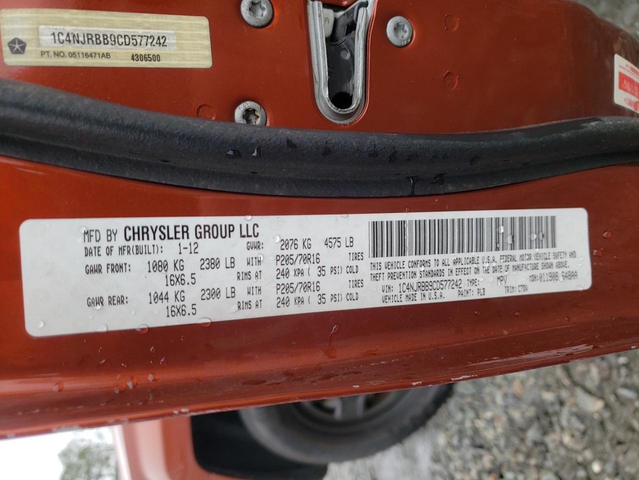 Photo 10 from auction – 2012 JEEP PATRIOT SP with VIN 1C4NJRBB9CD577242
