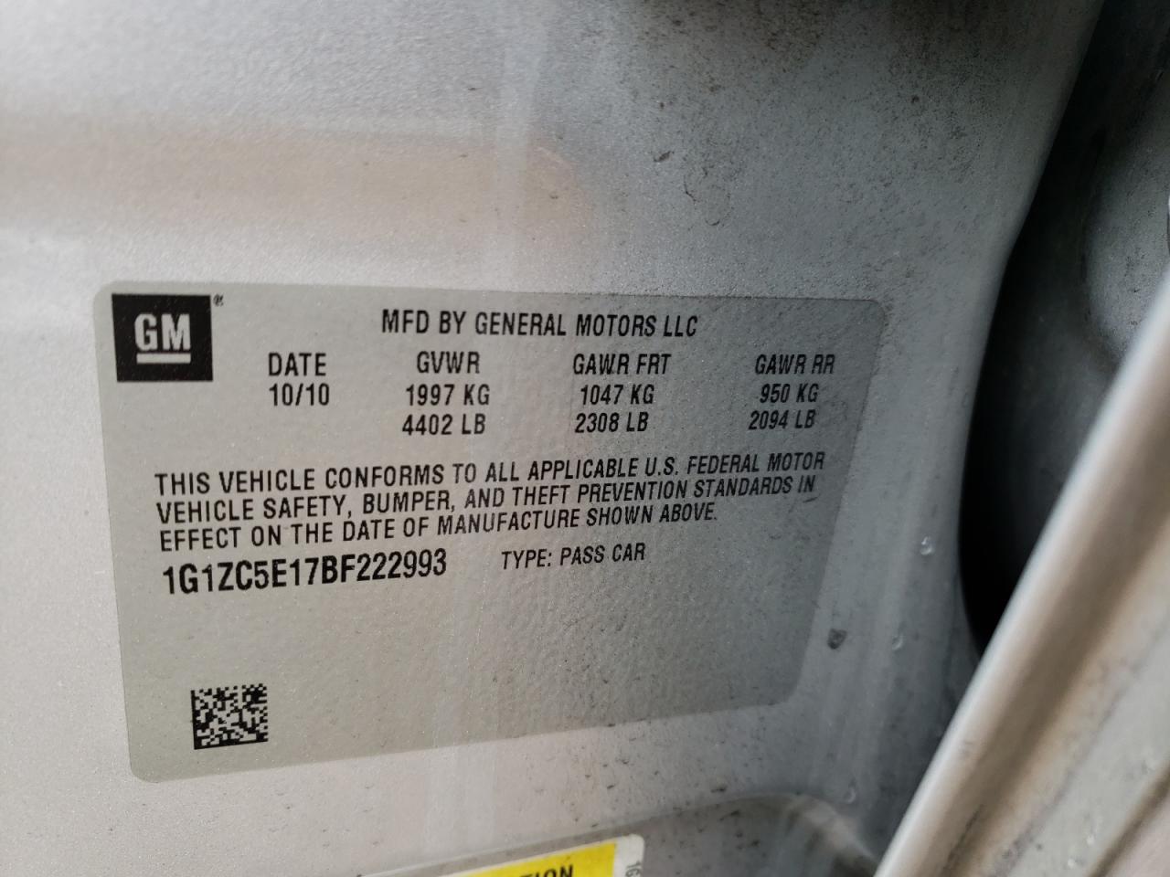 Photo 10 from auction – 2011 CHEVROLET MALIBU 1LT with VIN 1G1ZC5E17BF222993
