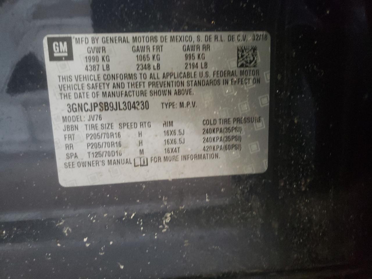 Photo 10 from auction – 2018 CHEVROLET TRAX 1LT with VIN 3GNCJPSB9JL304330