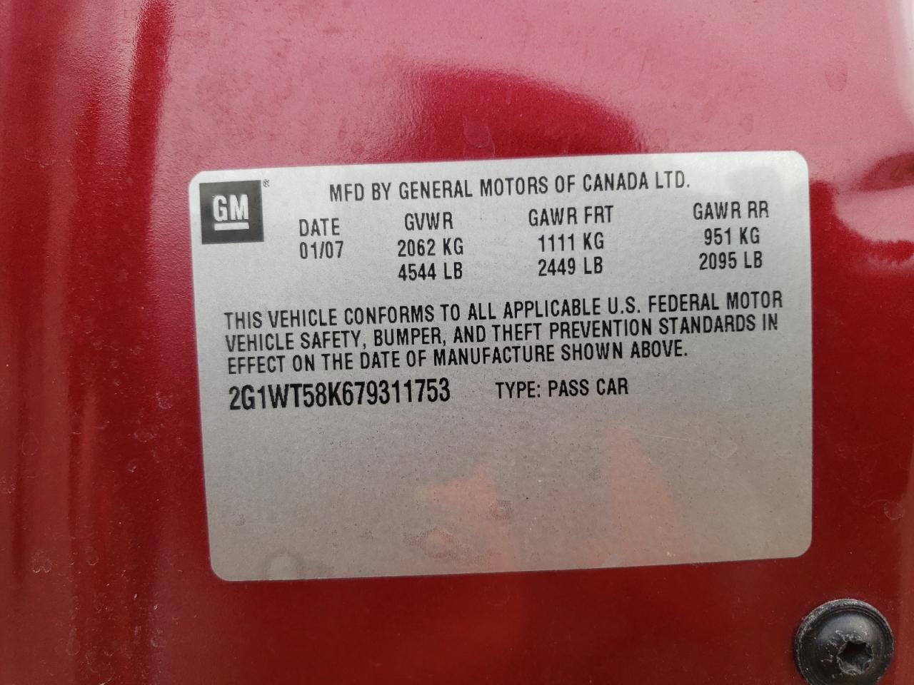 Photo 10 from auction – 2007 CHEVROLET IMPALA LT with VIN 2G1WT58K679311753