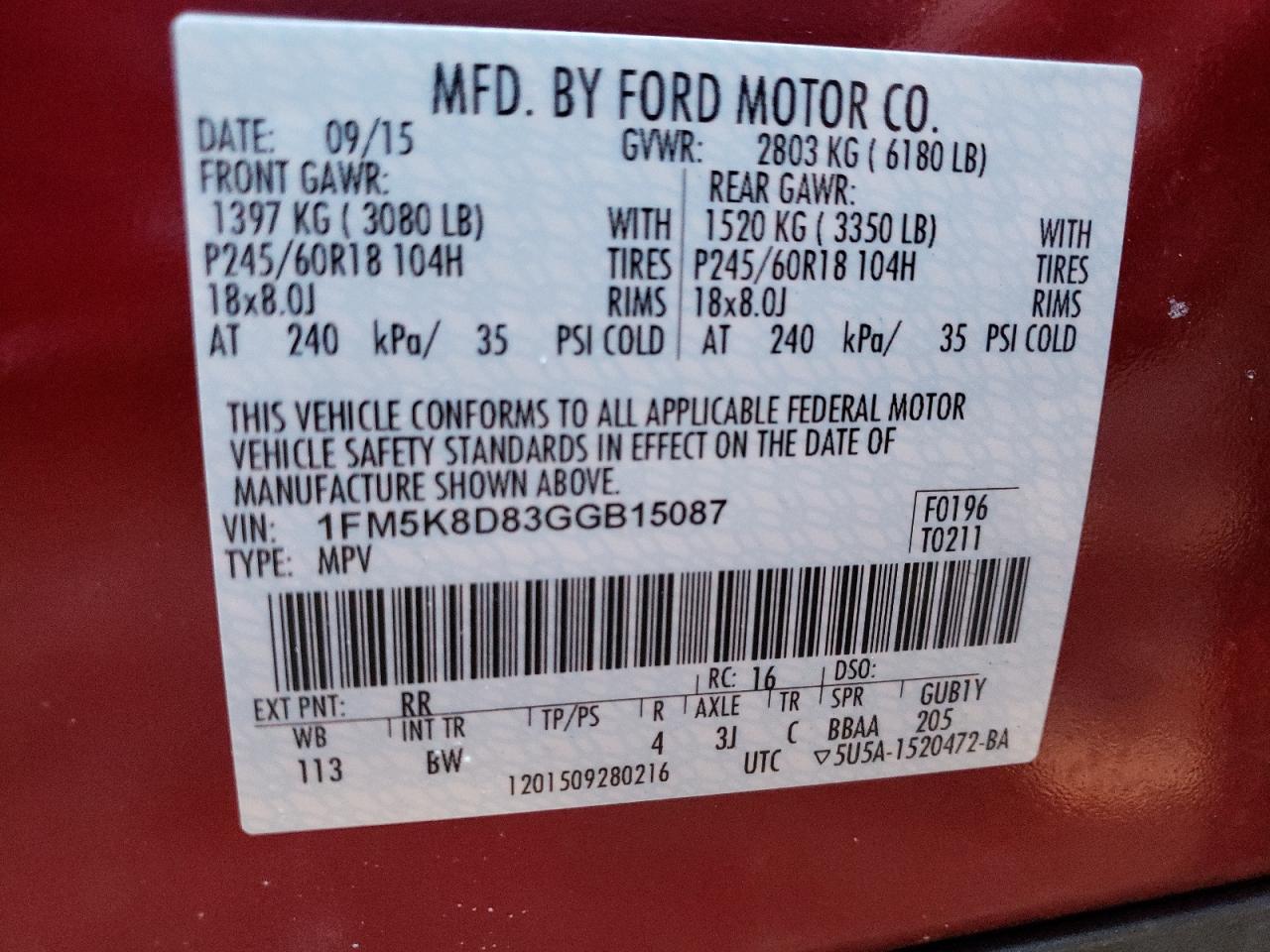 Photo 10 from auction – 2016 FORD EXPLORER X with VIN 1FM5K8D83GGB15087