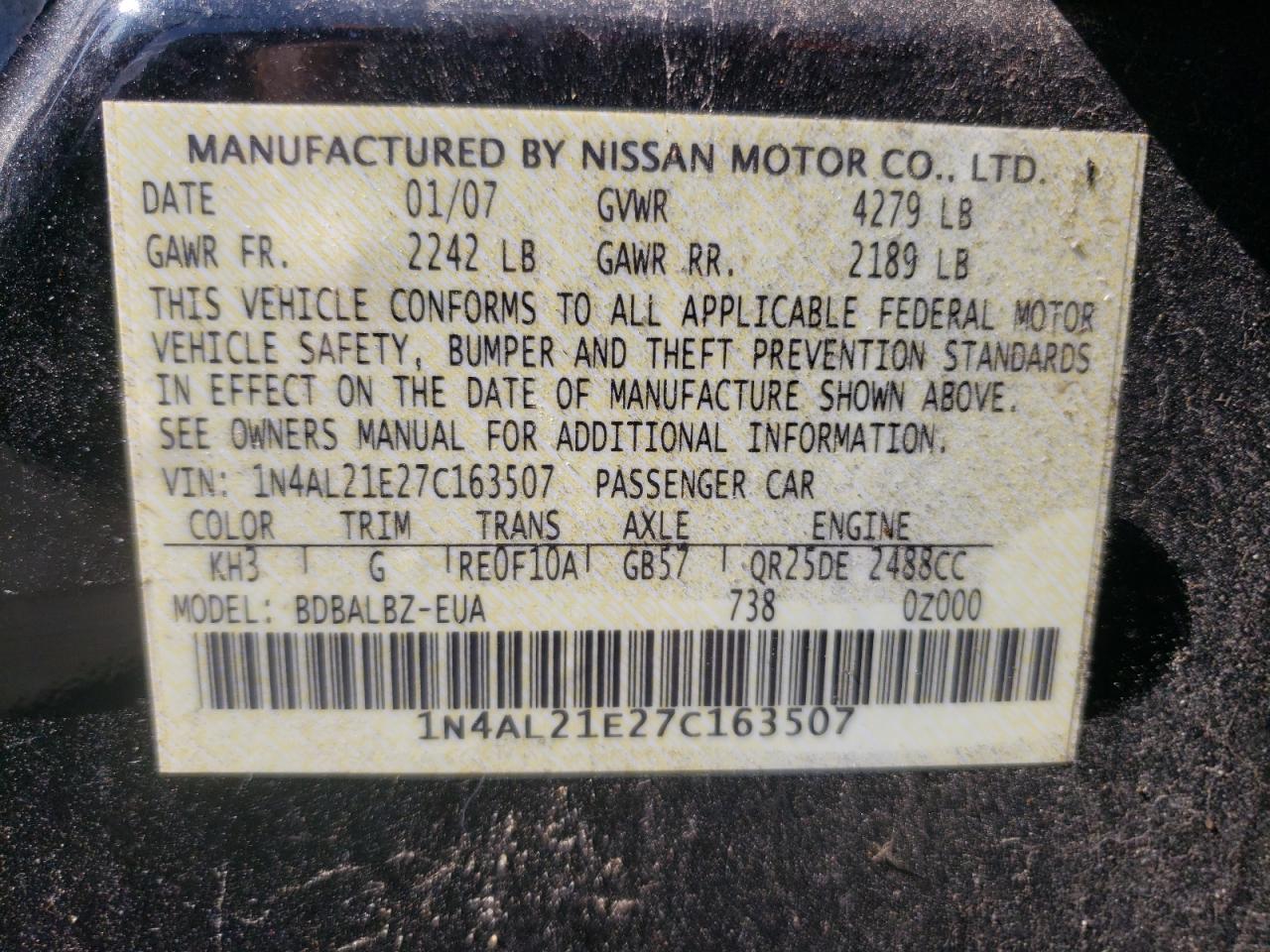 Photo 10 from auction – 2007 NISSAN ALTIMA 2.5 with VIN 1N4AL21E27C163507
