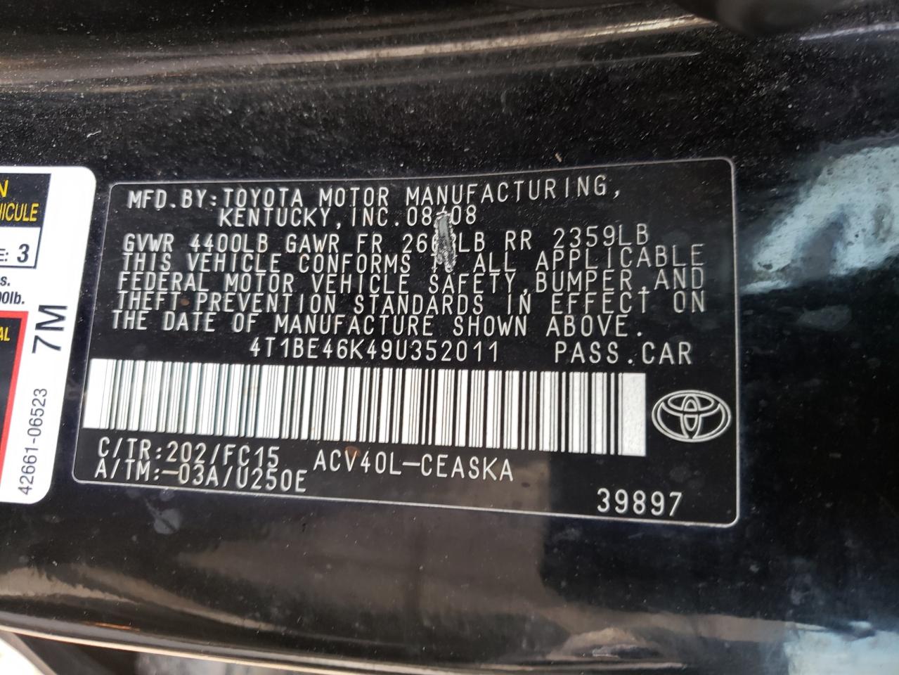 Photo 10 from auction – 2009 TOYOTA CAMRY BASE with VIN 4T1BE46K49U352011