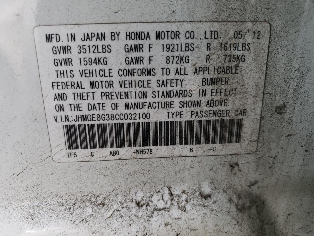 Photo 10 from auction – 2012 HONDA FIT with VIN JHMGE8G38CC032100