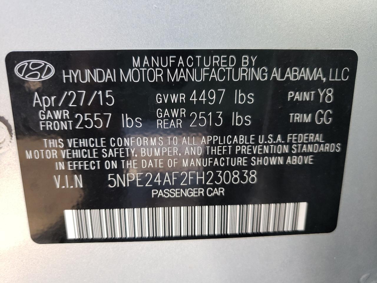 Photo 10 from auction – 2015 HYUNDAI SONATA SE with VIN 5NPE24AF2FH230838