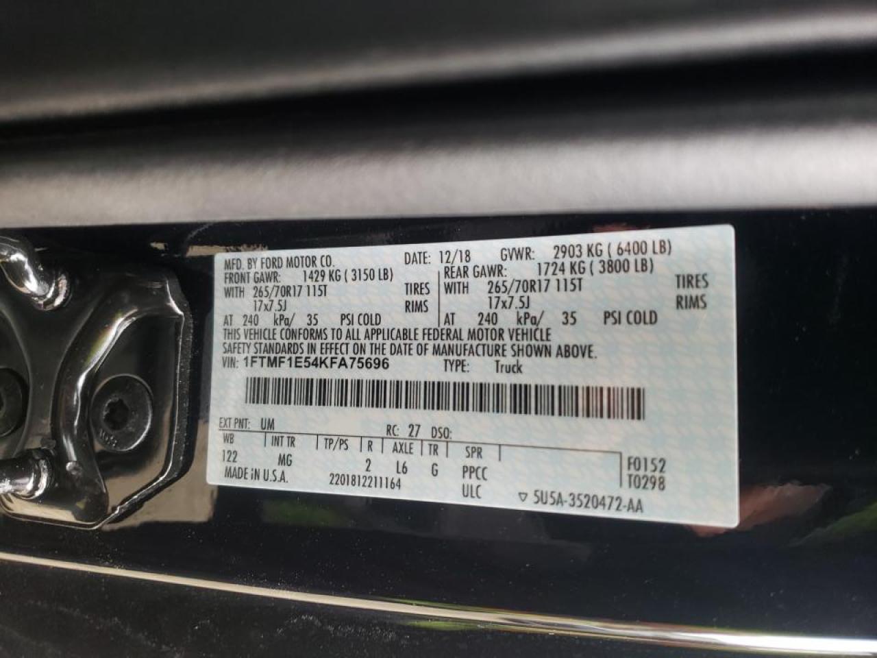 Photo 10 from auction – 2019 FORD F150 with VIN 1FTMF1E54KFA75696