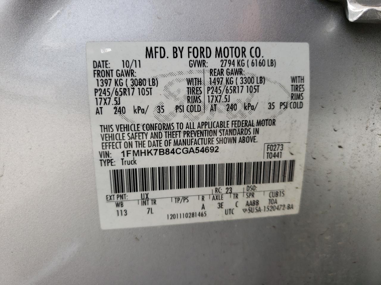 Photo 10 from auction – 2012 FORD EXPLORER with VIN 1FMHK7B84CGA54692