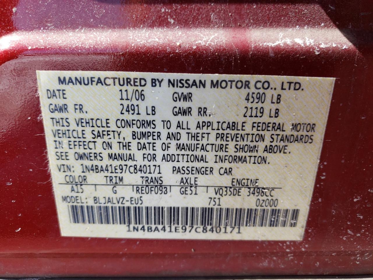 Photo 10 from auction – 2007 NISSAN MAXIMA SE with VIN 1N4BA41E97C840171