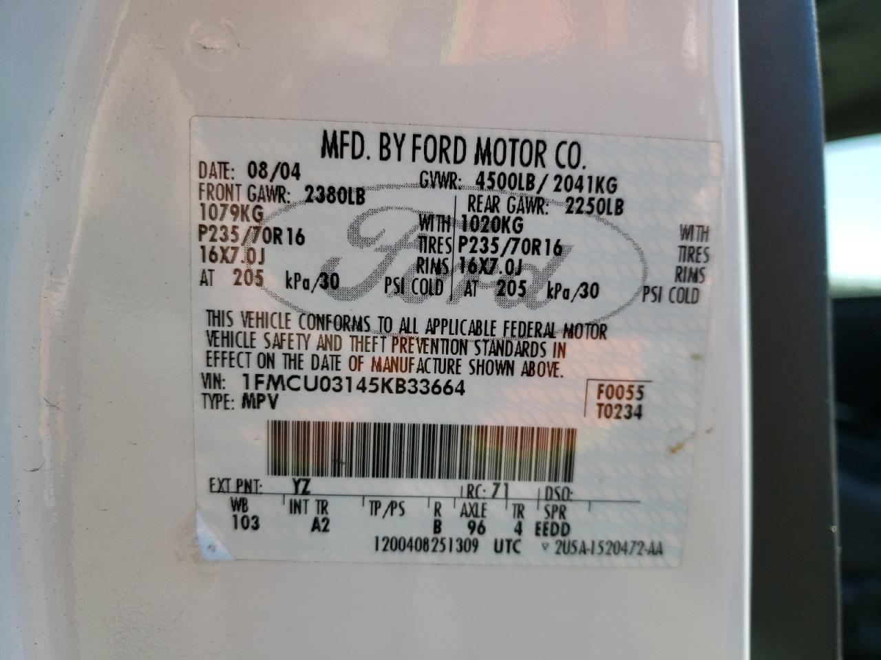 Photo 10 from auction – 2005 FORD ESCAPE XLT with VIN 1FMCU03145KB33664