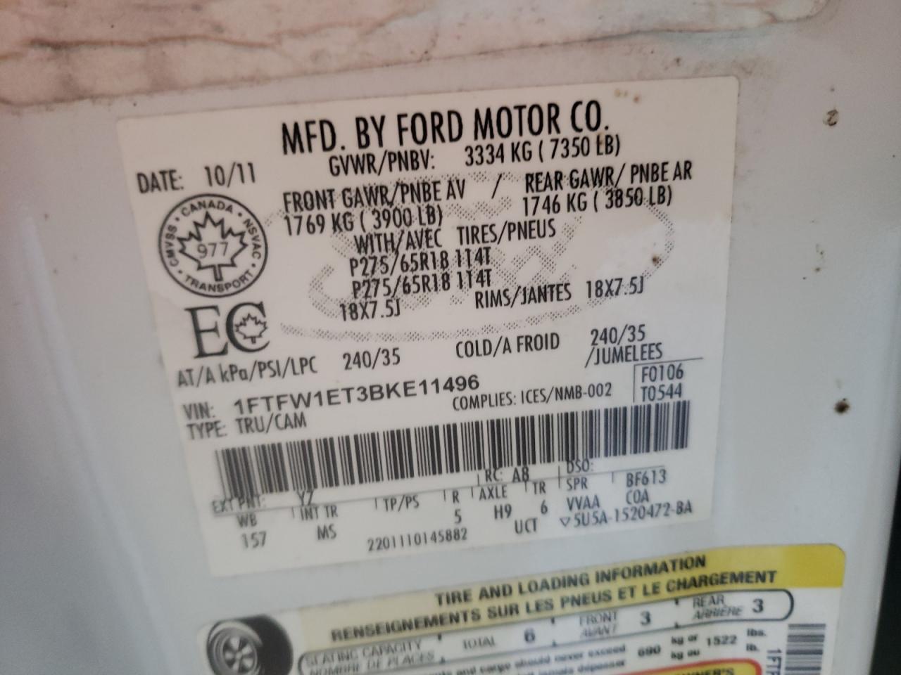 Photo 10 from auction – 2011 FORD F150 SUPER with VIN 1FTFW1ET3BKE11496