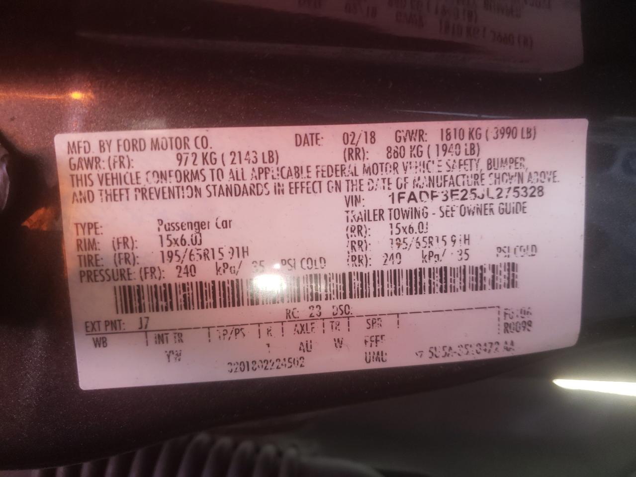 Photo 10 from auction – 2018 FORD FOCUS S with VIN 1FADP3E25JL275328