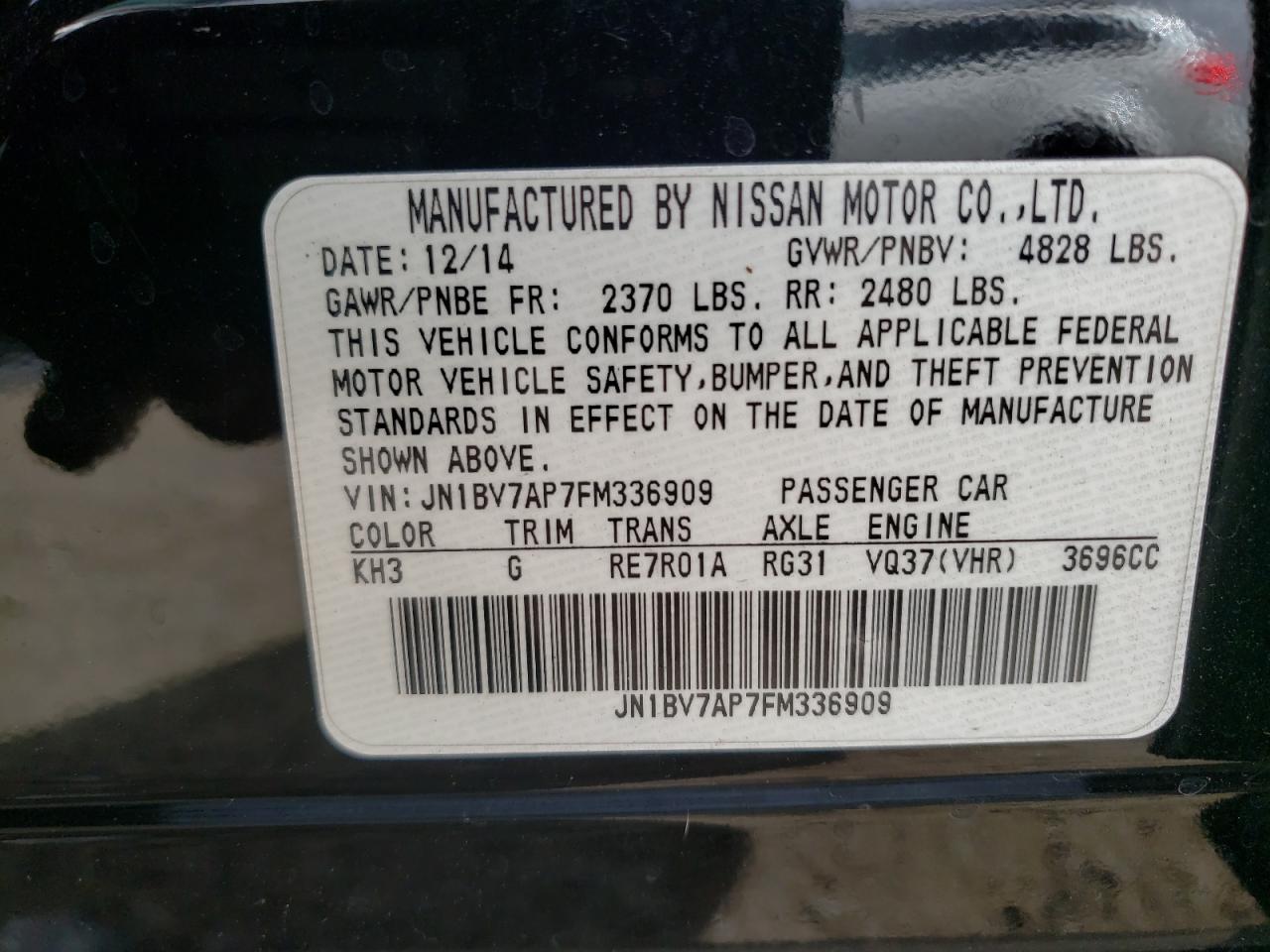 Photo 10 from auction – 2015 INFINITI Q50 BASE with VIN JN1BV7AP7FM336909
