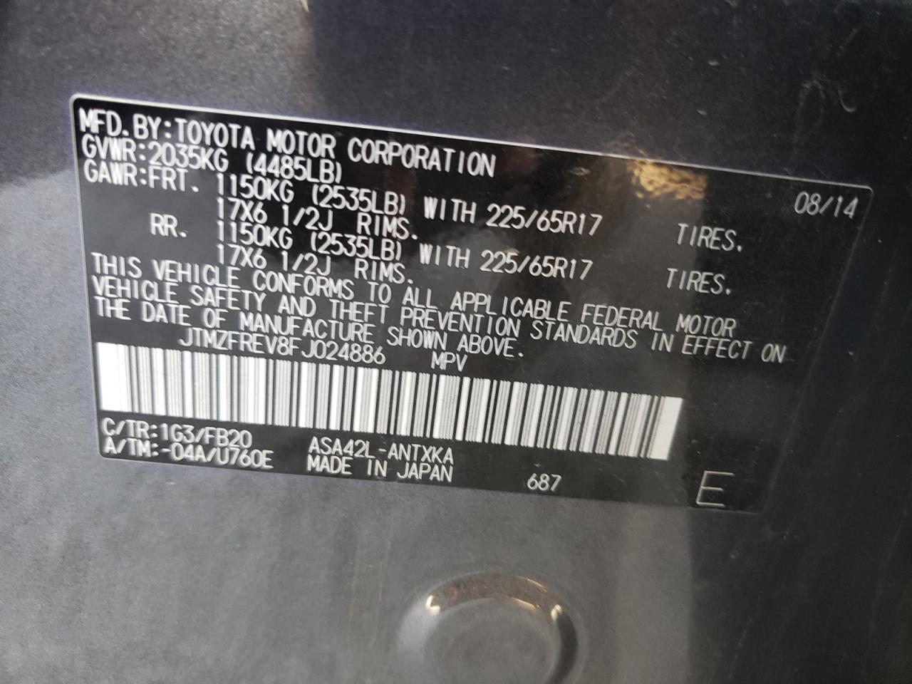 Photo 10 from auction – 2015 TOYOTA RAV4 LE with VIN JTMZFREV8FJ024886