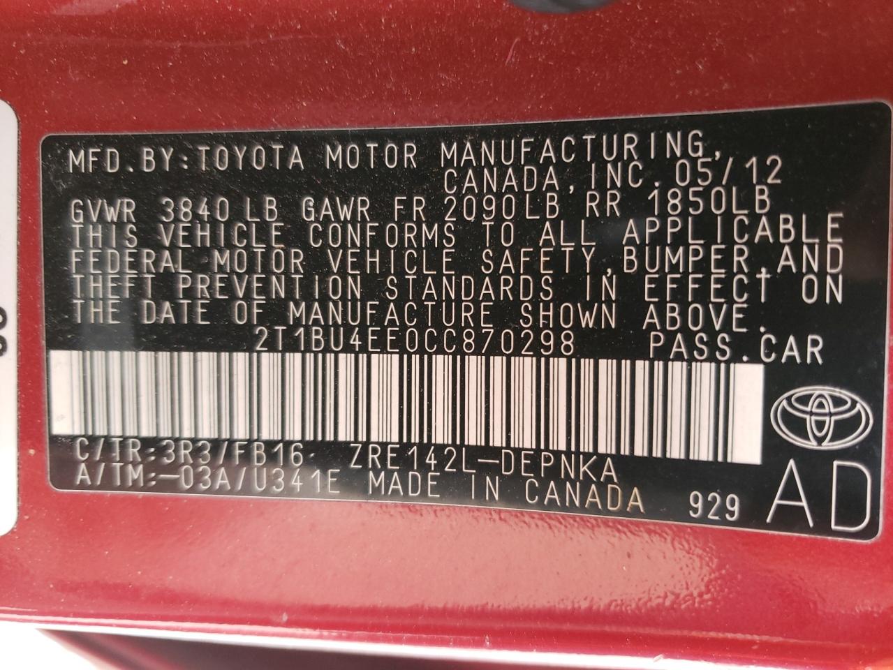 Photo 10 from auction – 2012 TOYOTA COROLLA BA with VIN 2T1BU4EE0CC870298