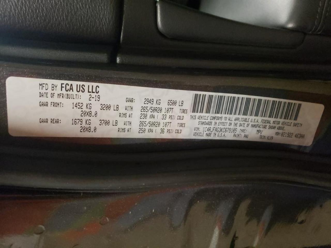 Photo 10 from auction – 2019 JEEP GRAND CHER with VIN 1C4RJFAG3KC679105