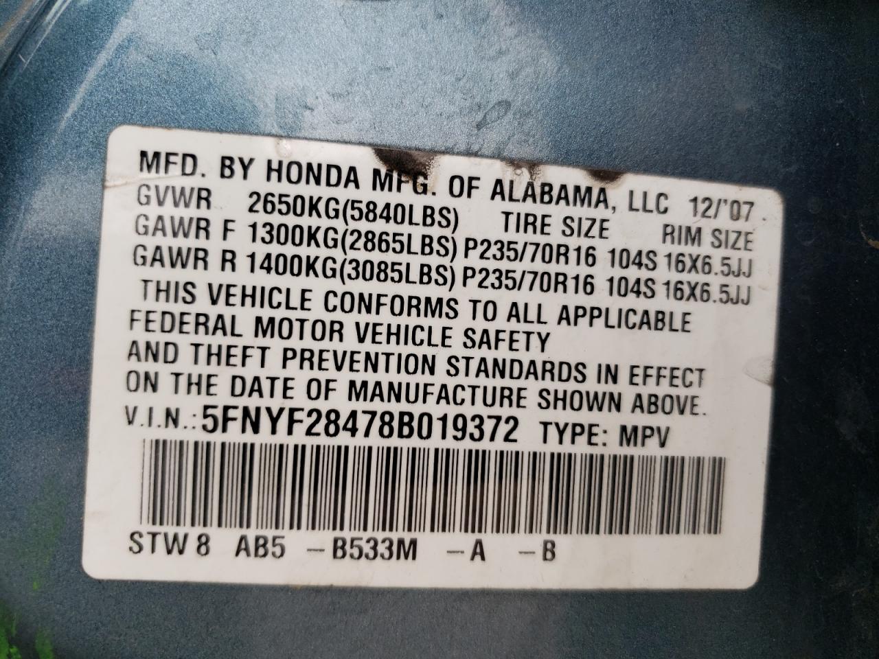 Photo 10 from auction – 2008 HONDA PILOT EX with VIN 5FNYF28478B019372