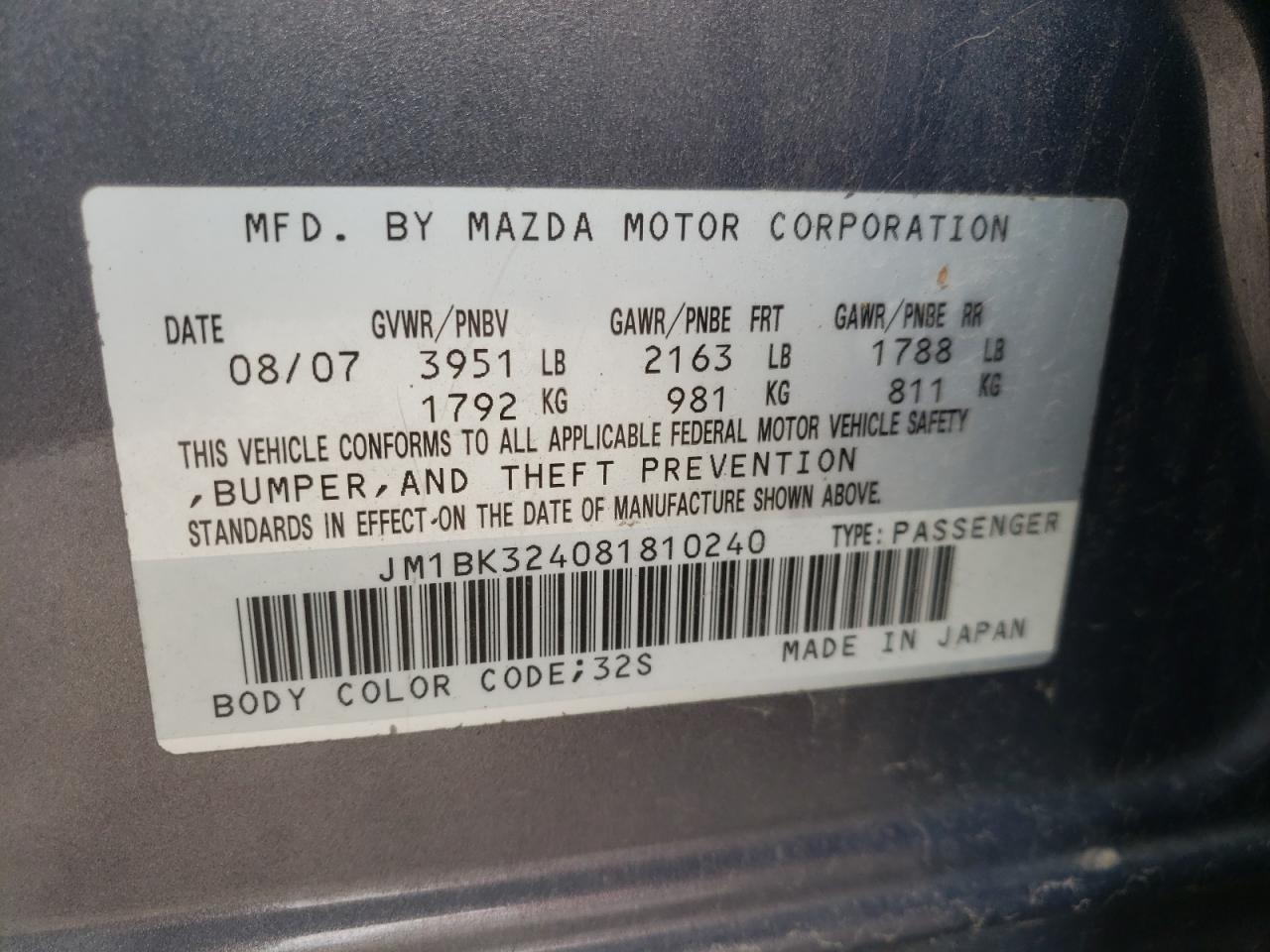 Photo 10 from auction – 2008 MAZDA 3 S with VIN JM1BK324081810240
