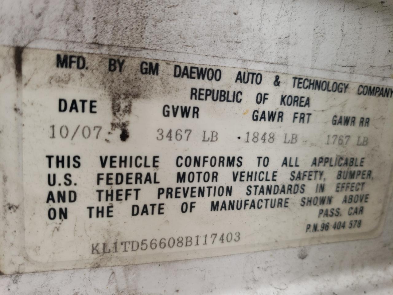 Photo 10 from auction – 2008 CHEVROLET AVEO BASE with VIN KL1TD56608B117403