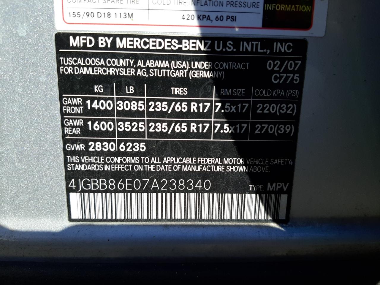 Photo 10 from auction – 2007 MERCEDES-BENZ ML 350 with VIN 4JGBB86E07A238340