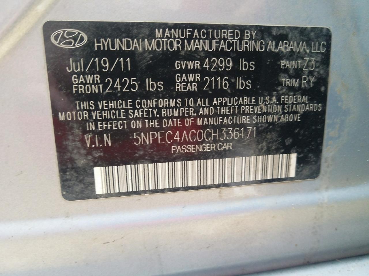 Photo 10 from auction – 2012 HYUNDAI SONATA SE with VIN 5NPEC4AC0CH336171