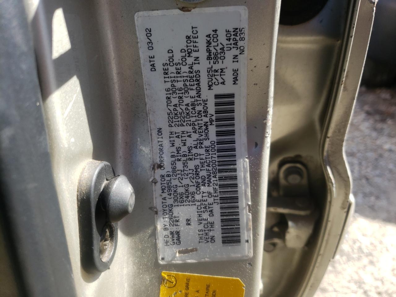 Photo 10 from auction – 2002 TOYOTA HIGHLANDER with VIN JTEHF21A820071000