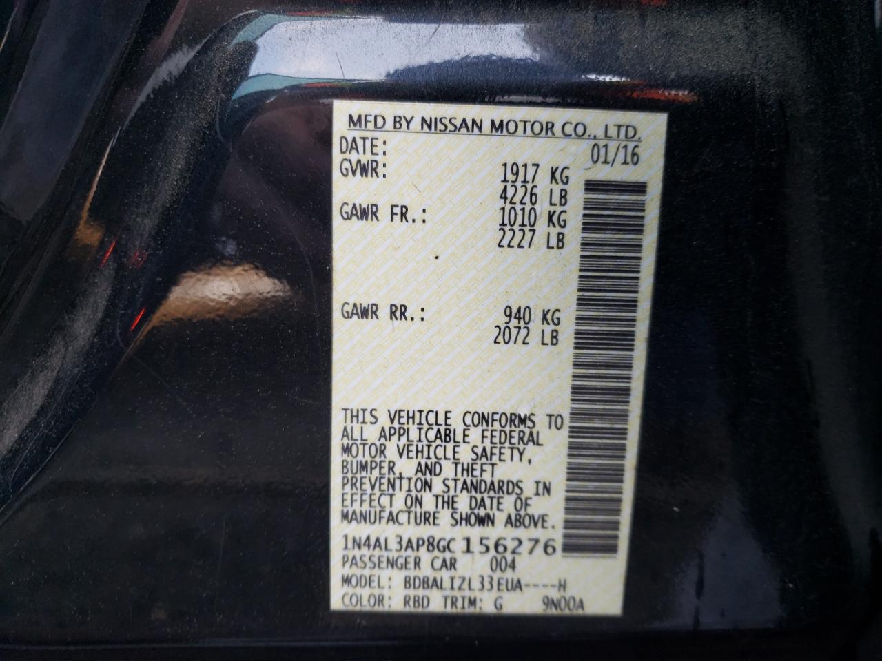 Photo 10 from auction – 2016 NISSAN ALTIMA 2.5 with VIN 1N4AL3AP8GC156276
