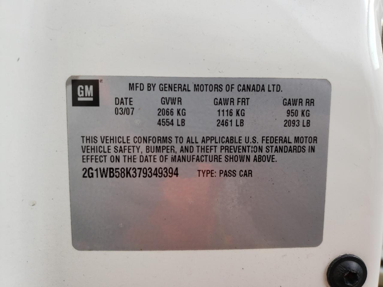 Photo 10 from auction – 2007 CHEVROLET IMPALA LS with VIN 2G1WB58K379349394