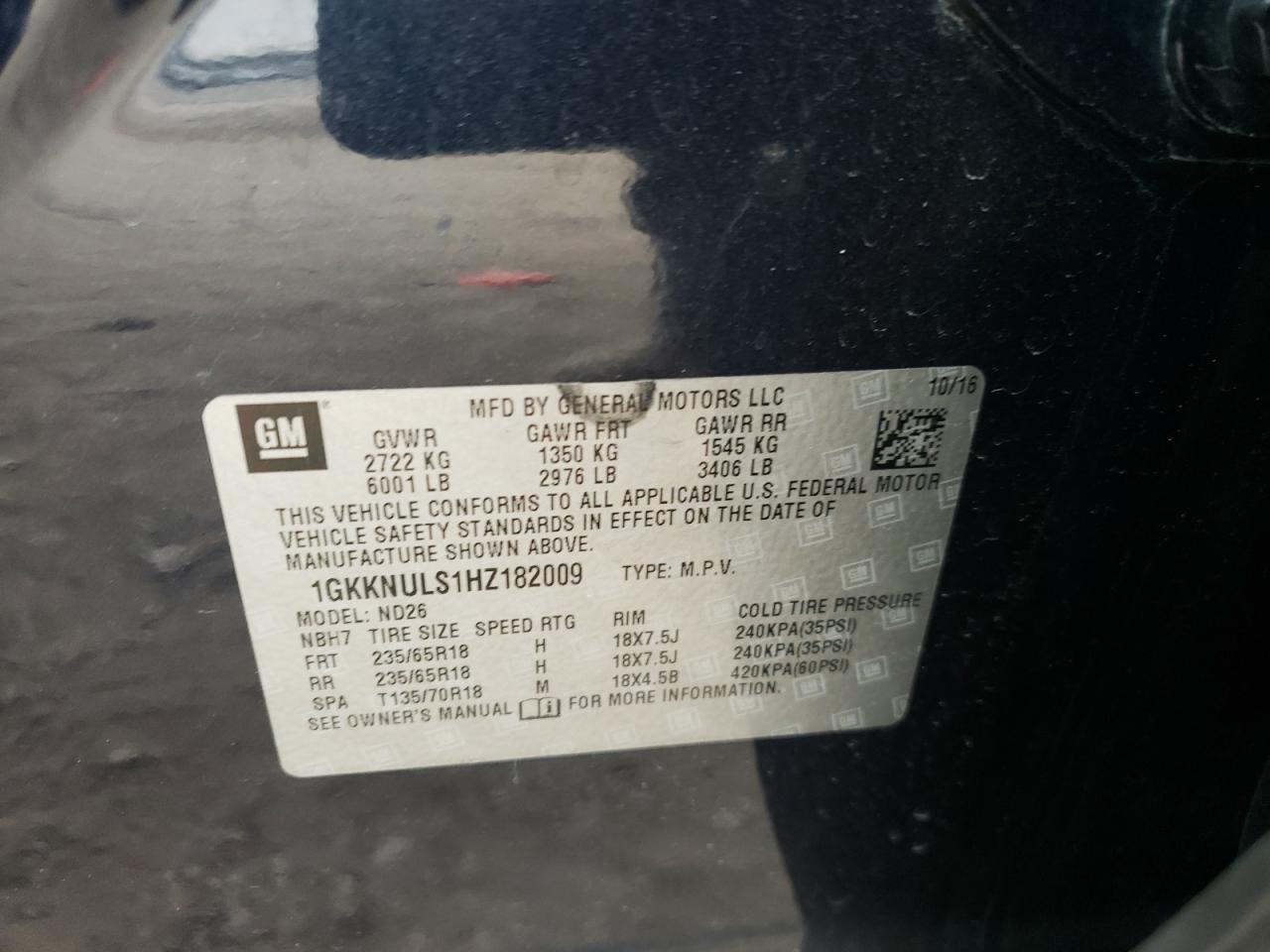Photo 10 from auction – 2017 GMC ACADIA SLT with VIN 1GKKNULS1HZ182009