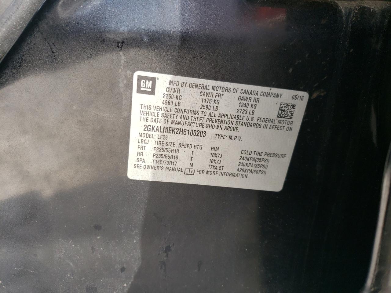 Photo 10 from auction – 2017 GMC TERRAIN SL with VIN 2GKALMEK2H6100203