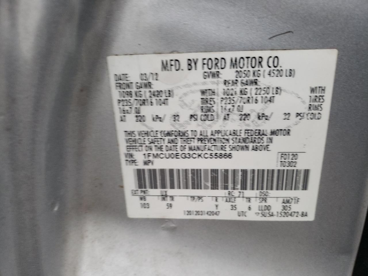 Photo 10 from auction – 2012 FORD ESCAPE LIM with VIN 1FMCU0EG3CKC55866