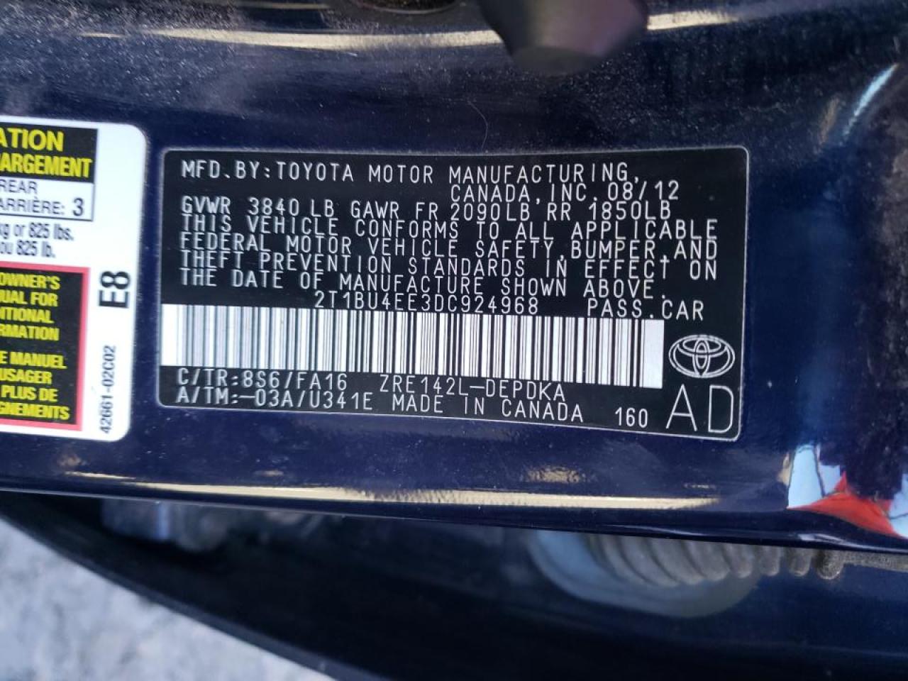 Photo 10 from auction – 2013 TOYOTA COROLLA BA with VIN 2T1BU4EE3DC924968